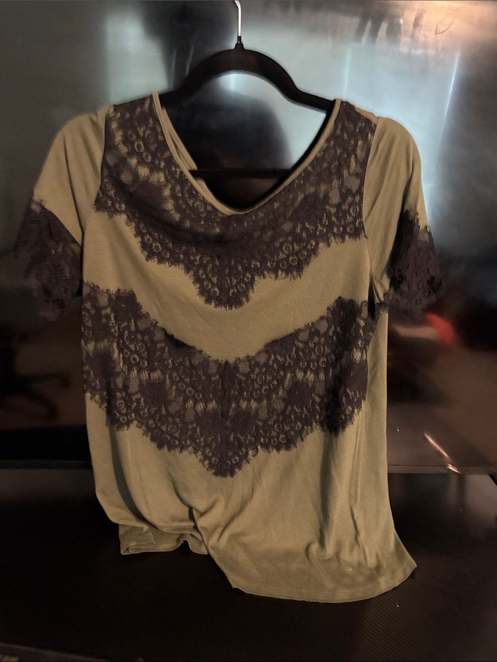 a.n.a Olive Green Short Sleeve Tee with Black Lace